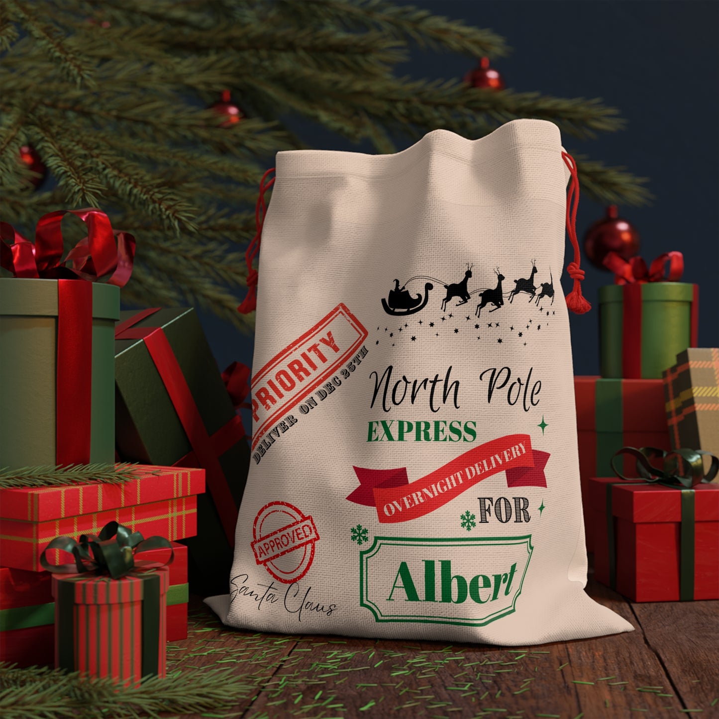 Personalized North Pole Express Gift Bag —Personalized " For:" Christmas Drawstring Sack