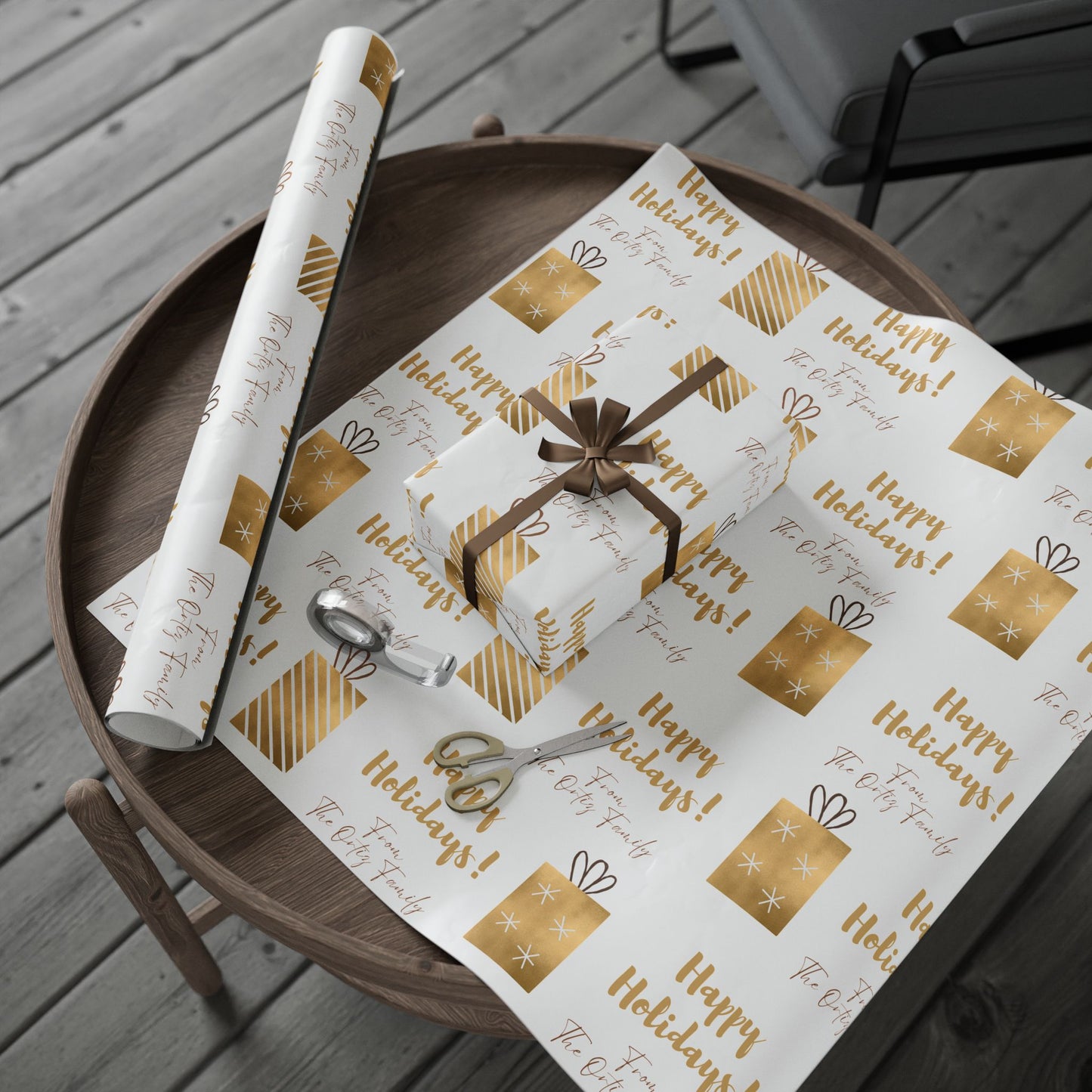 Holiday Gift Wrap — 'Happy Holidays! Custom From:' Gold Present Pattern Wrapping Paper