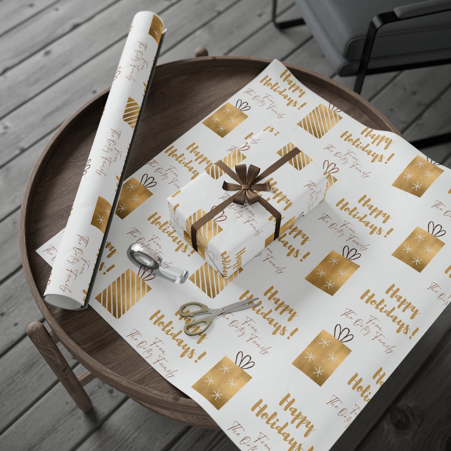 Holiday Gift Wrap — 'Happy Holidays! Custom From:' Gold Present Pattern Wrapping Paper