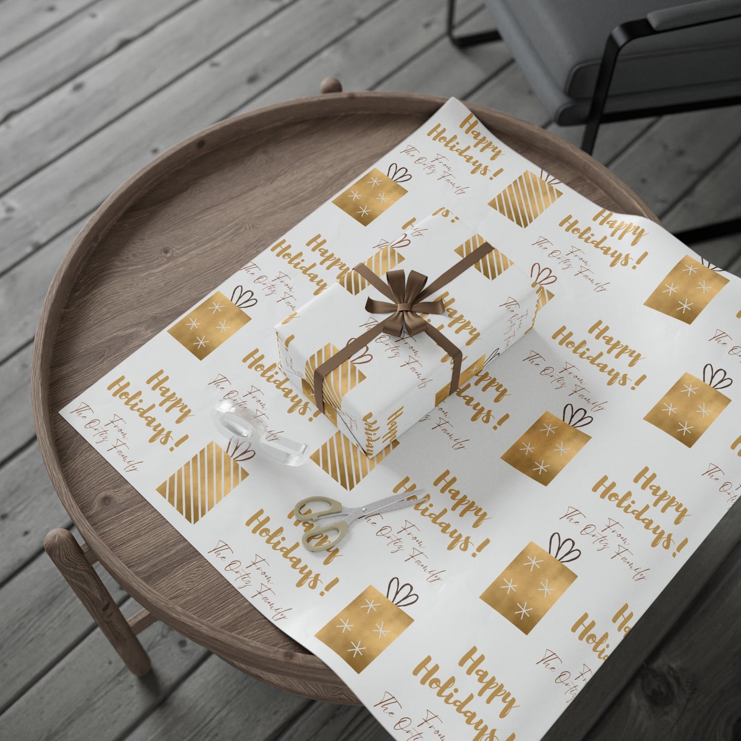 Holiday Gift Wrap — 'Happy Holidays! Custom From:' Gold Present Pattern Wrapping Paper