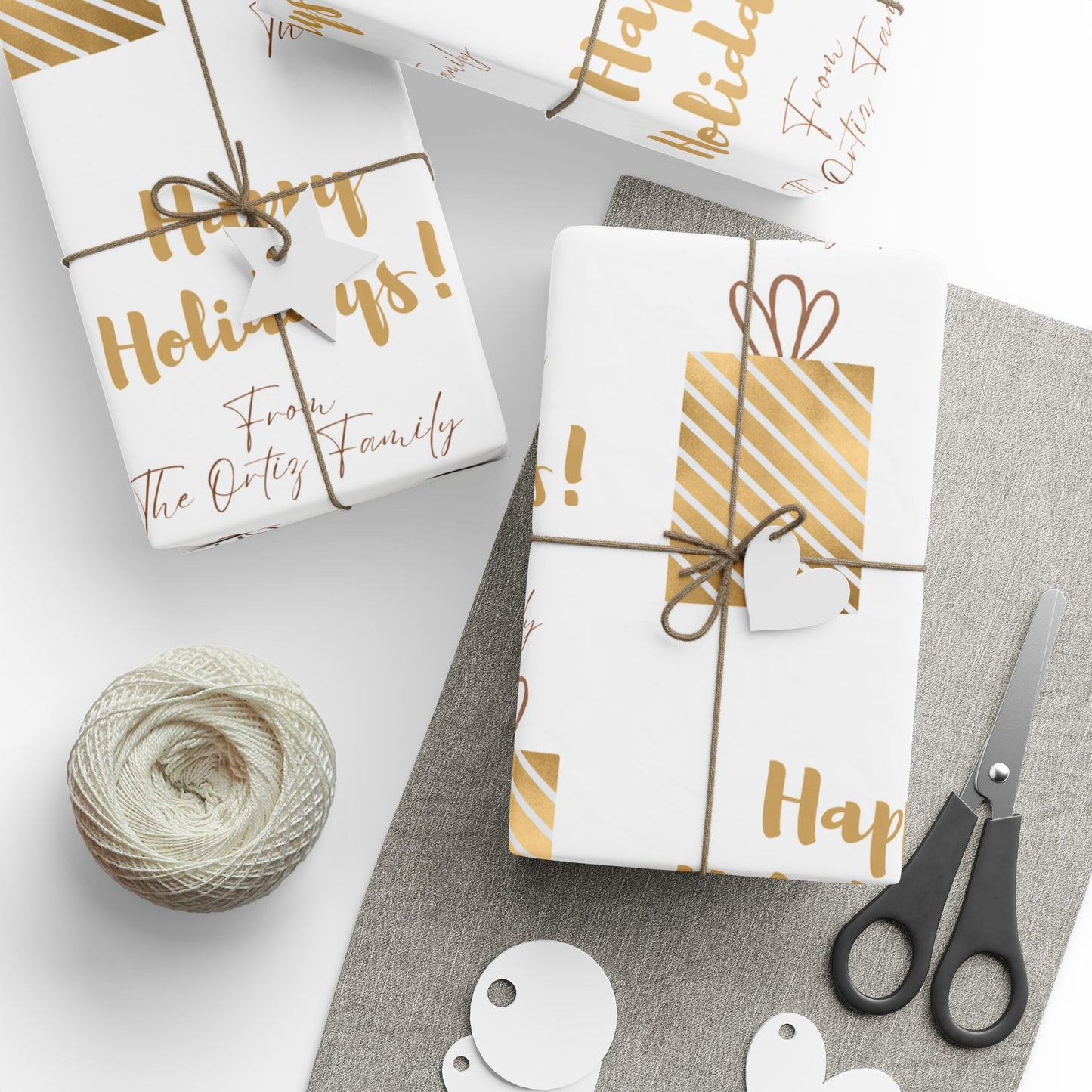 Holiday Gift Wrap — 'Happy Holidays! Custom From:' Gold Present Pattern Wrapping Paper